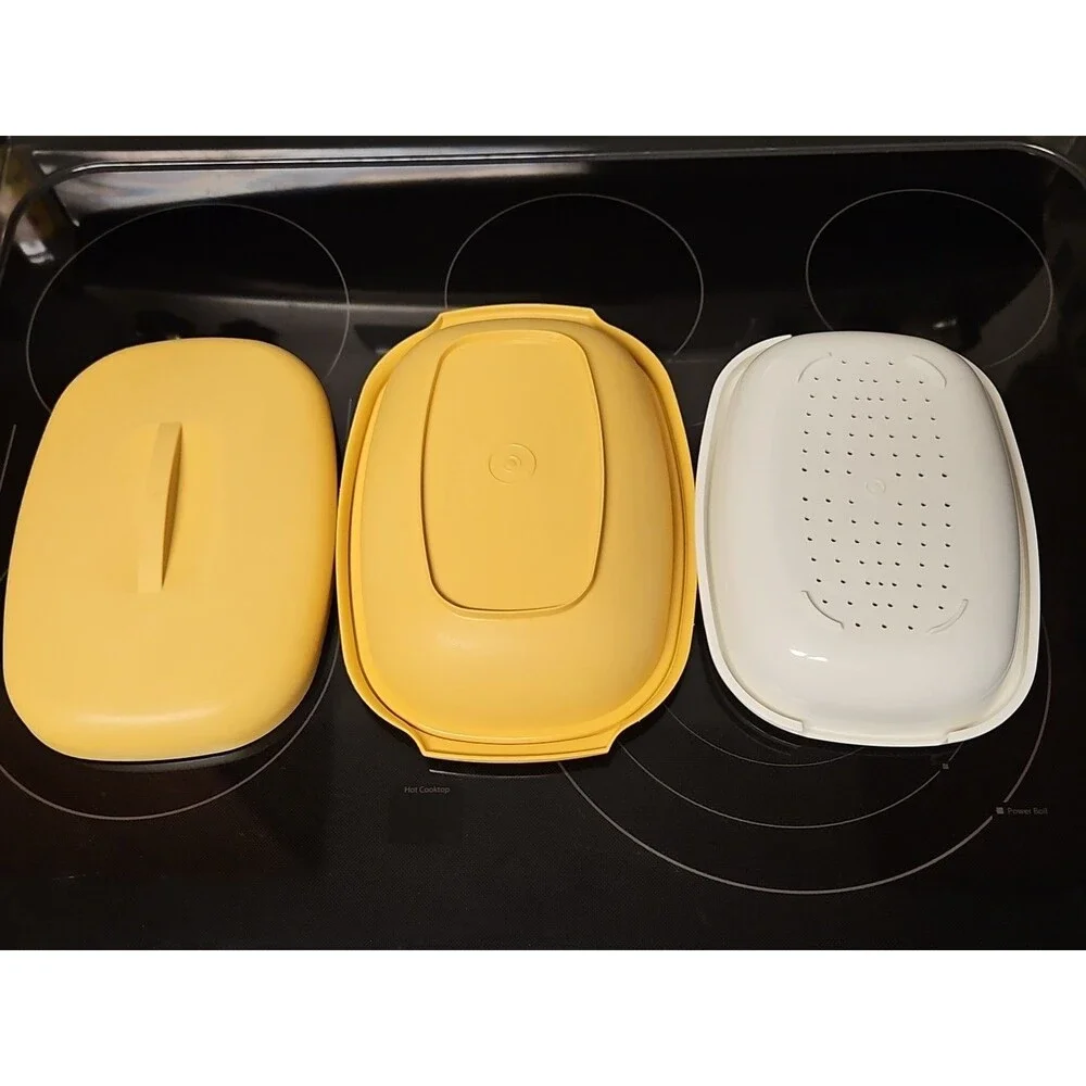 Vintage Tupperware Microwave Steamer #1273 Harvest Gold 3 Piece Set